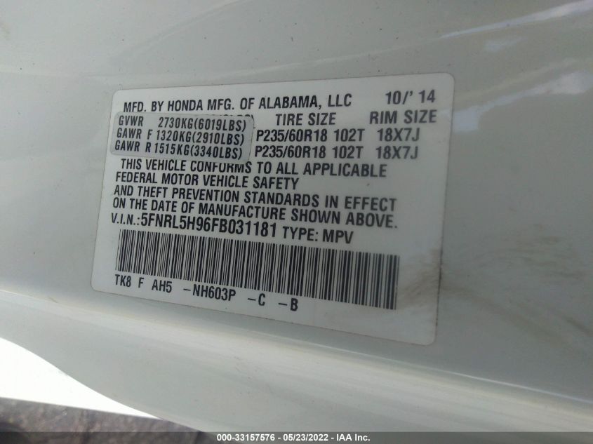 2015 HONDA ODYSSEY TOURING 5FNRL5H96FB031181