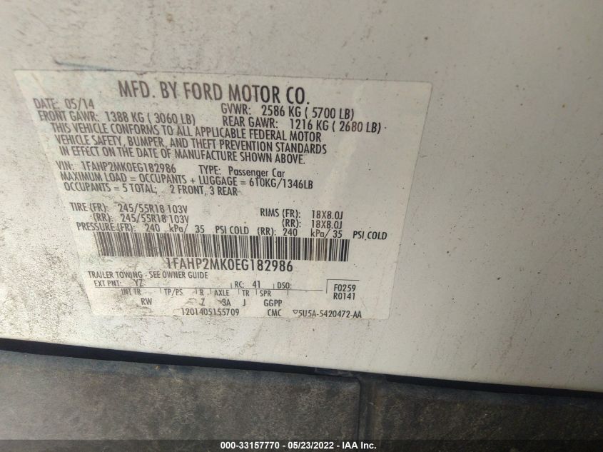 2014 FORD SEDAN POLICE INTERCEPTOR 1FAHP2MK0EG182986