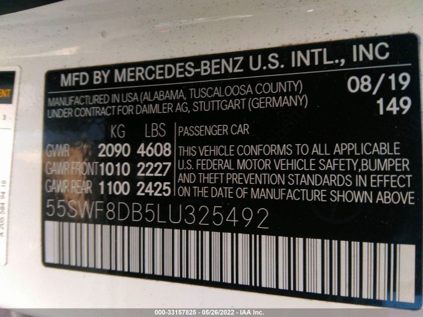 2020 MERCEDES-BENZ C-CLASS C 300 55SWF8DB5LU325492
