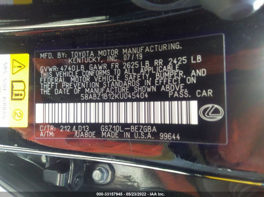 2019 LEXUS ES ES 350 58ABZ1B12KU045404