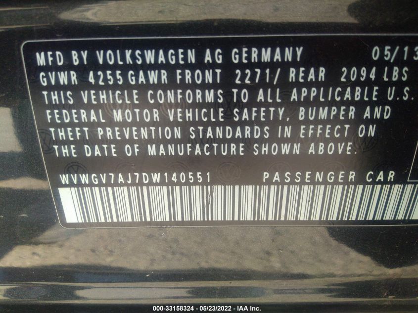 2013 VOLKSWAGEN GTI WVWGV7AJ7DW140551