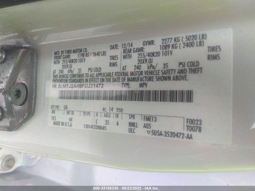 2015 LINCOLN MKC 5LMTJ2AH8FUJ31472