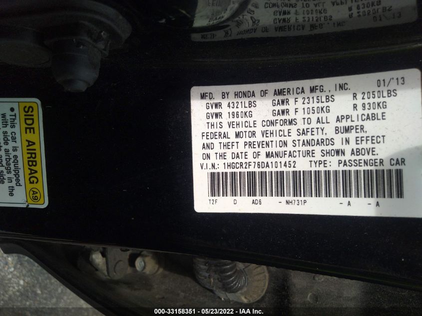2013 HONDA ACCORD SDN EX 1HGCR2F76DA101452