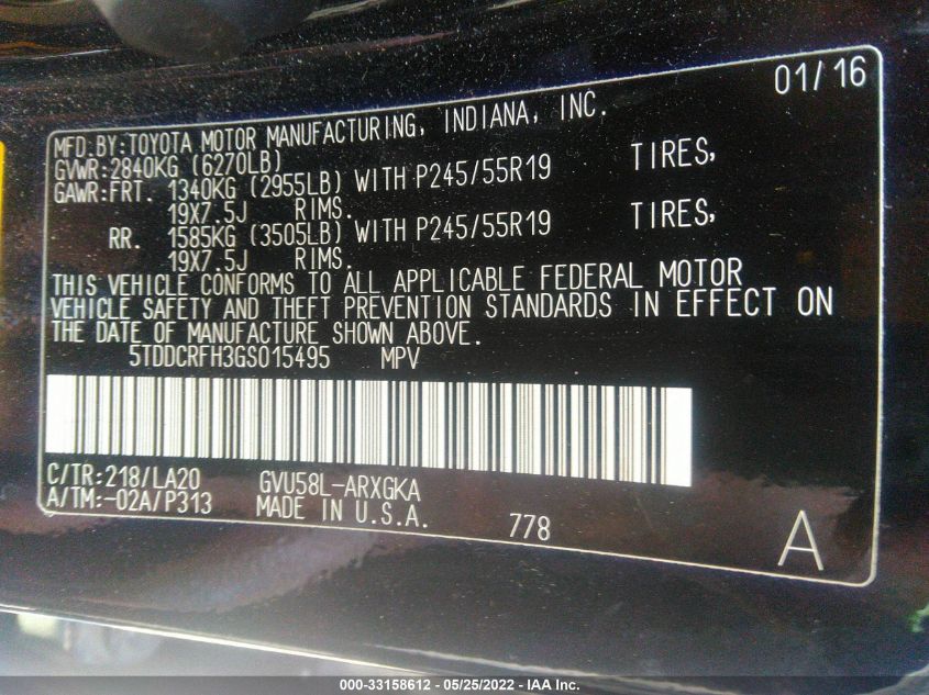 2016 TOYOTA HIGHLANDER HYBRID LIMITED 5TDDCRFH3GS015495