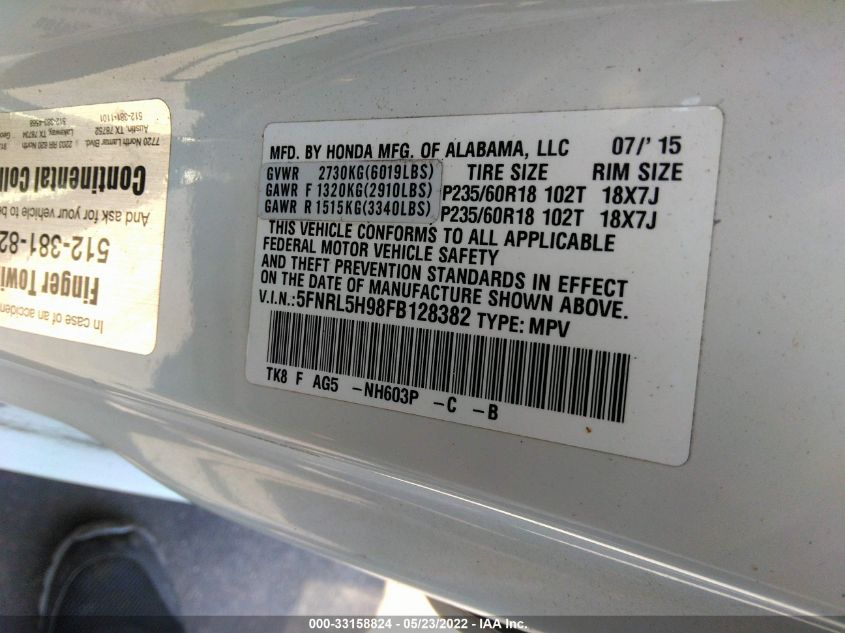 2015 HONDA ODYSSEY TOURING/TOURING ELITE 5FNRL5H98FB128382