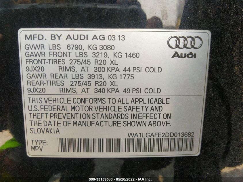 2013 AUDI Q7 3.0T PREMIUM PLUS WA1LGAFE2DD013682