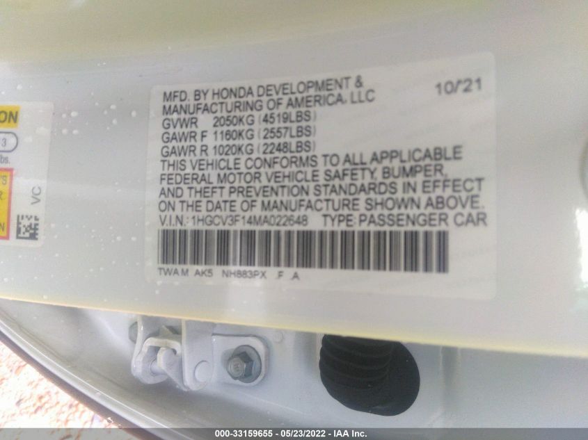 2021 HONDA ACCORD HYBRID 1HGCV3F14MA022648