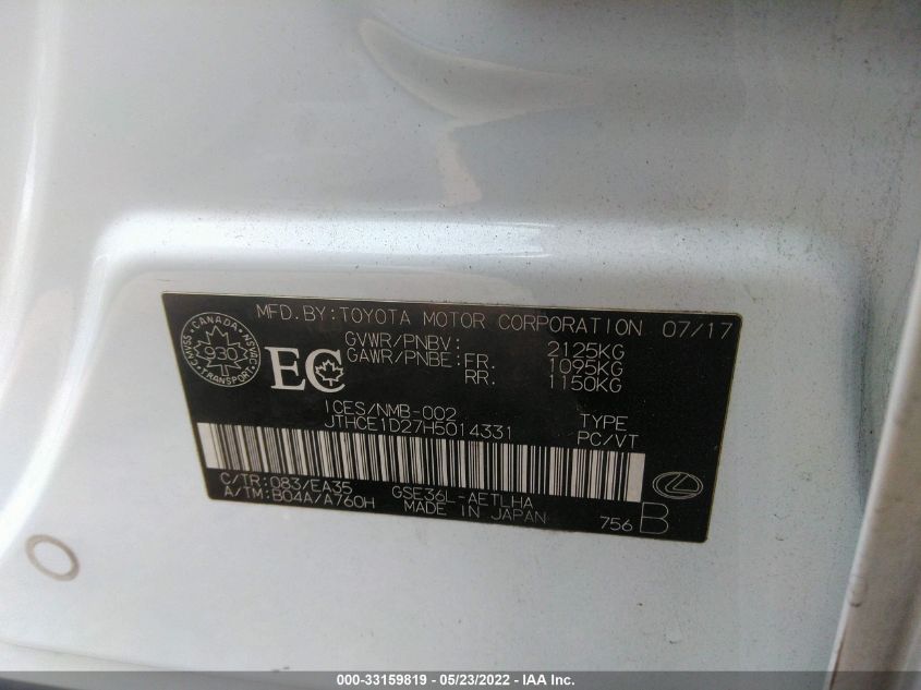 2017 LEXUS IS IS 350 JTHCE1D27H5014331