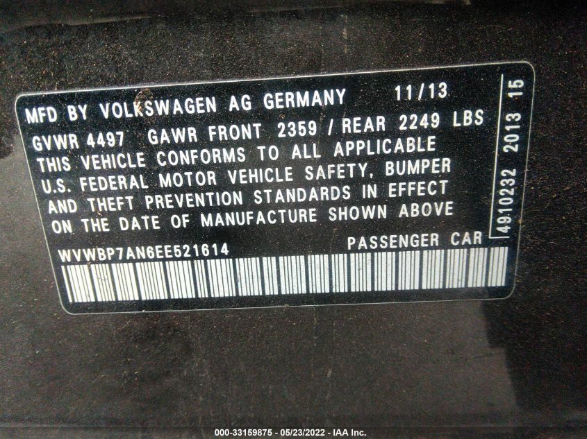 2014 VOLKSWAGEN CC SPORT WVWBP7AN6EE521614