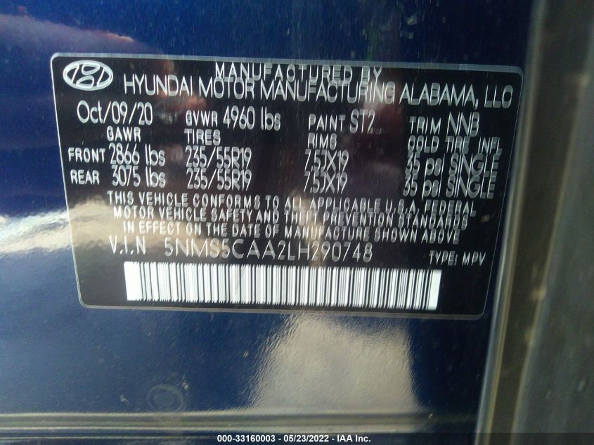 2020 HYUNDAI SANTA FE LIMITED 5NMS5CAA2LH290748