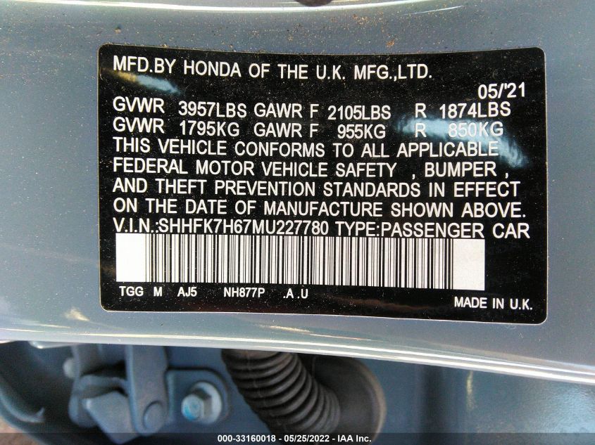 2021 HONDA CIVIC HATCHBACK EX SHHFK7H67MU227780