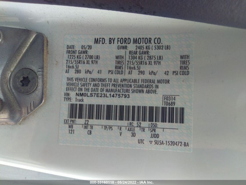 2020 FORD TRANSIT CONNECT VAN XL NM0LS7E23L1475793