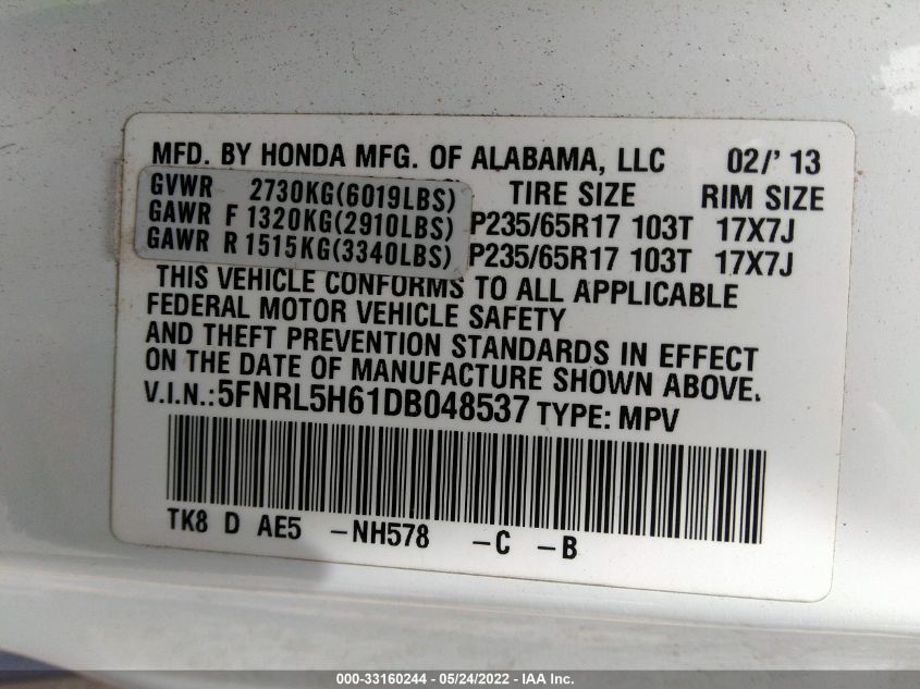 2013 HONDA ODYSSEY EX-L 5FNRL5H61DB048537