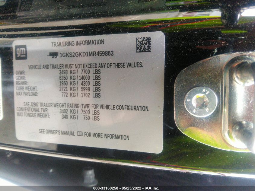 2021 GMC YUKON XL SLT 1GKS2GKD1MR459863