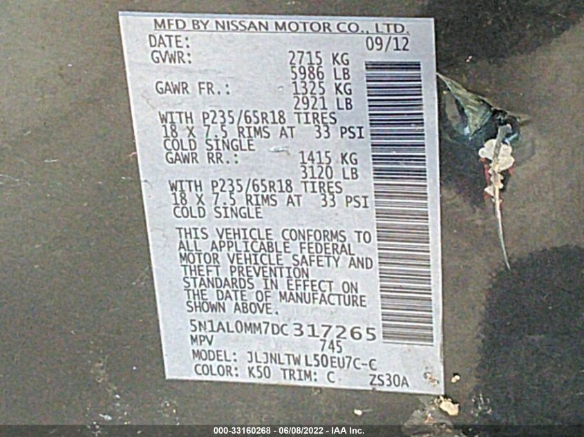 2013 INFINITI JX 5N1AL0MM7DC317265