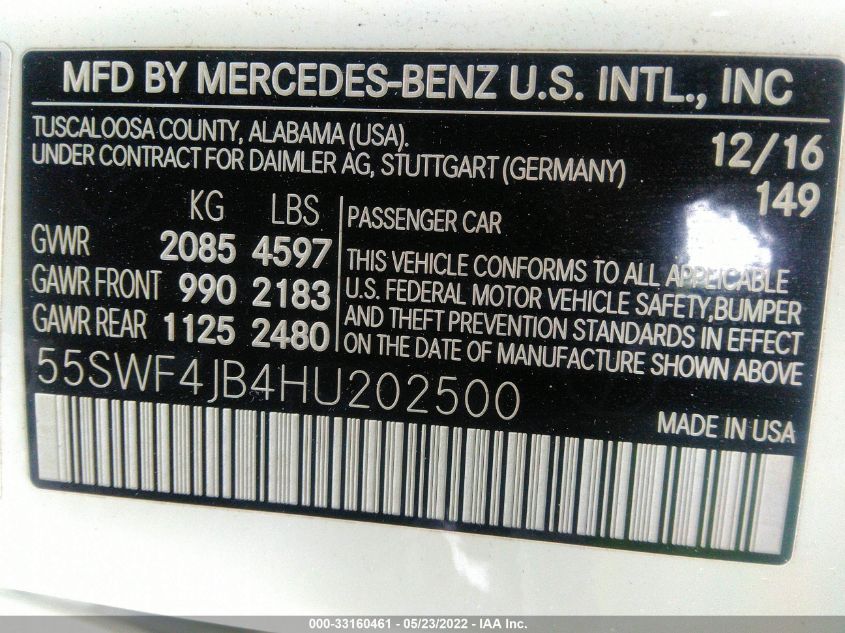2017 MERCEDES-BENZ C-CLASS C 300 55SWF4JB4HU202500