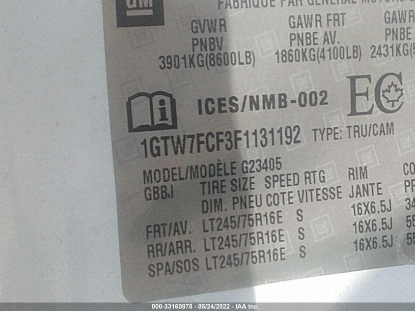 2015 GMC SAVANA 2500 WORK VAN 1GTW7FCF3F1131192