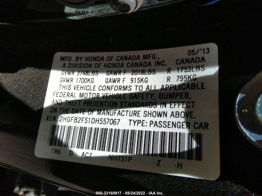 2013 HONDA CIVIC SDN LX 2HGFB2F51DH557067