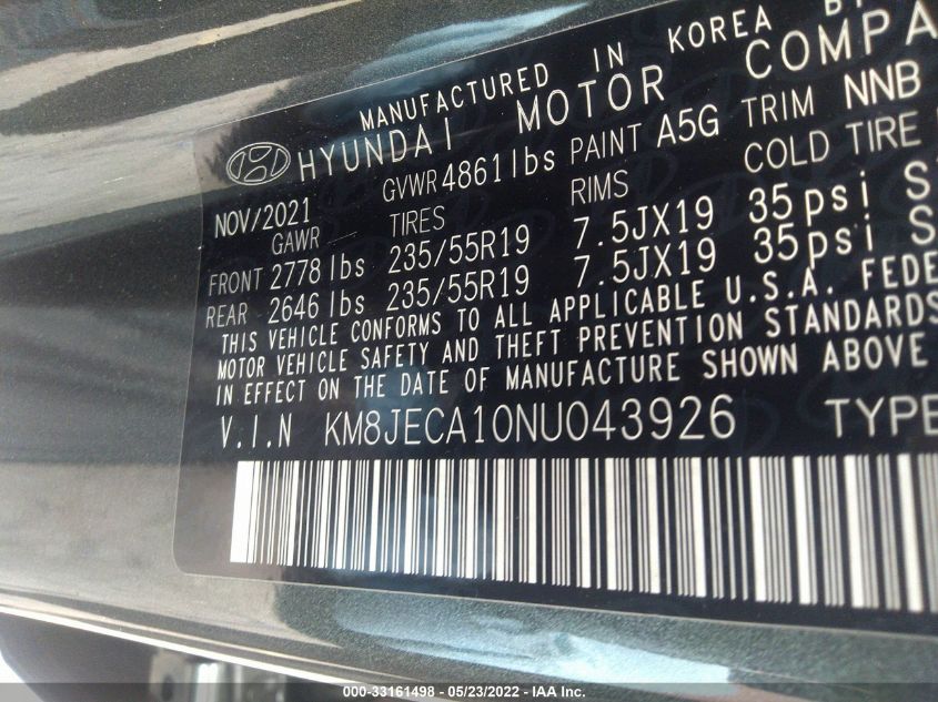 2022 HYUNDAI TUCSON HYBRID LIMITED KM8JECA10NU043926