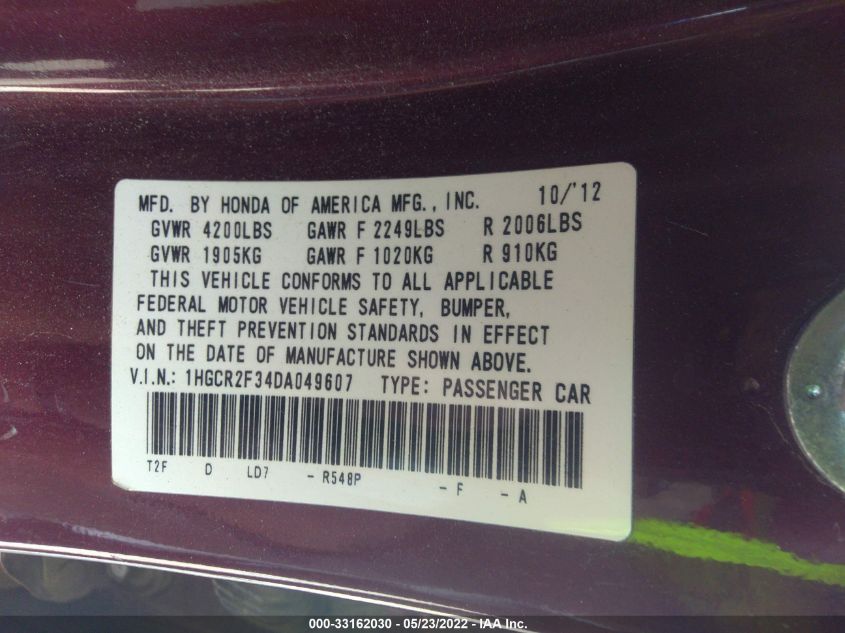 2013 HONDA ACCORD SDN LX 1HGCR2F34DA049607
