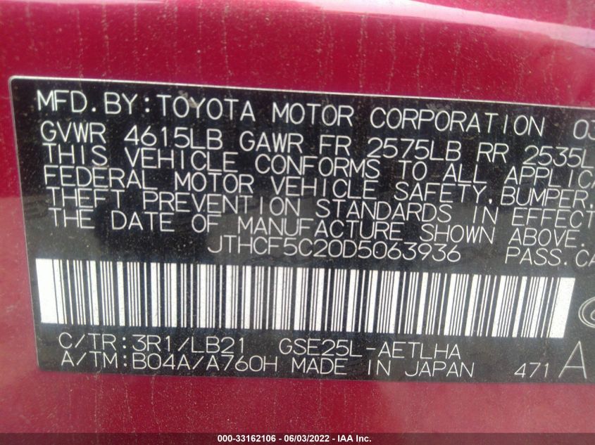 2013 LEXUS IS 250 JTHCF5C20D5063936