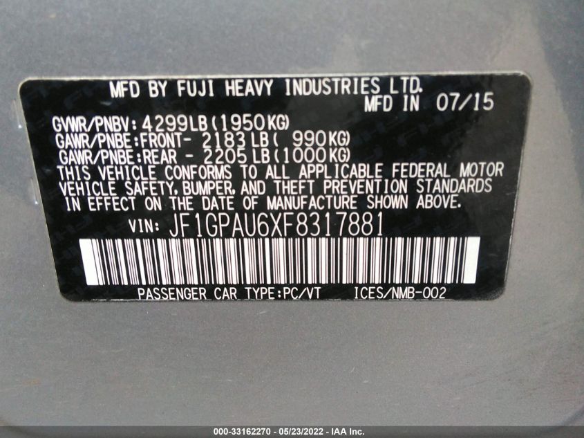 2015 SUBARU IMPREZA WAGON 2.0I SPORT PREMIUM JF1GPAU6XF8317881