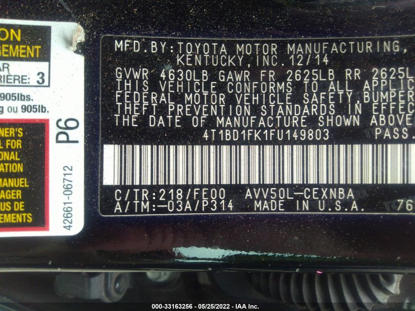 2015 TOYOTA CAMRY HYBRID LE 4T1BD1FK1FU149803