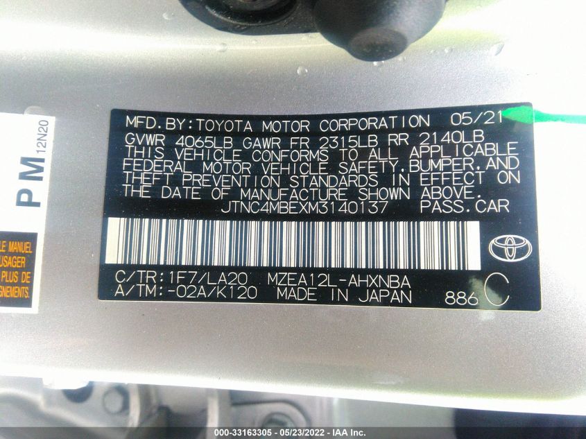 2021 TOYOTA COROLLA HATCHBACK XSE JTNC4MBEXM3140137