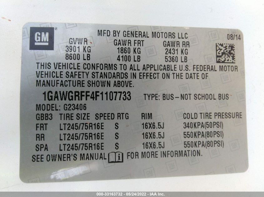 2015 CHEVROLET EXPRESS PASSENGER LT 1GAWGRFF4F1107733