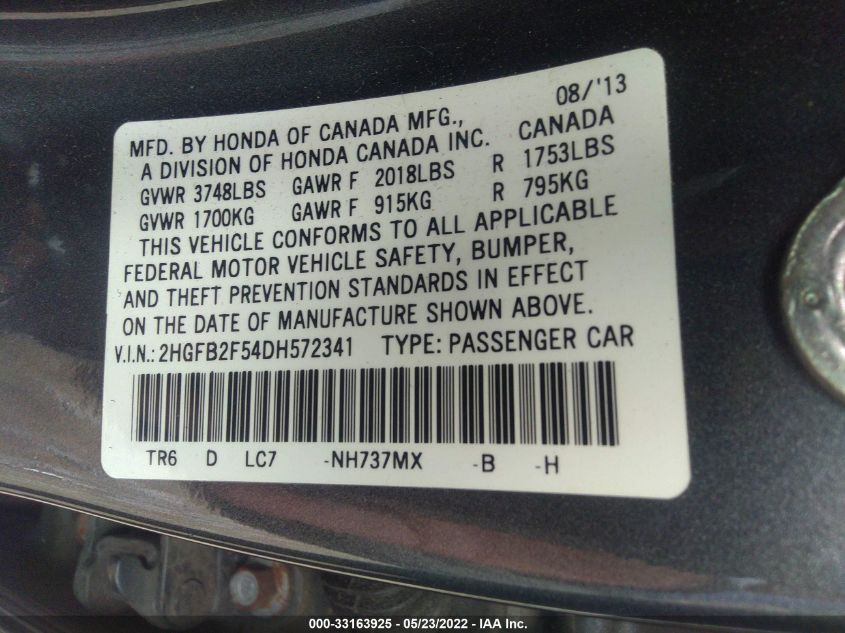 2013 HONDA CIVIC SDN LX 2HGFB2F54DH572341