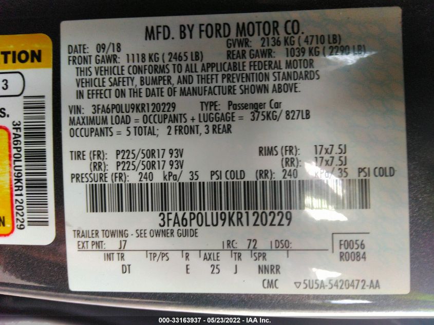 2019 FORD FUSION HYBRID SE 3FA6P0LU9KR120229