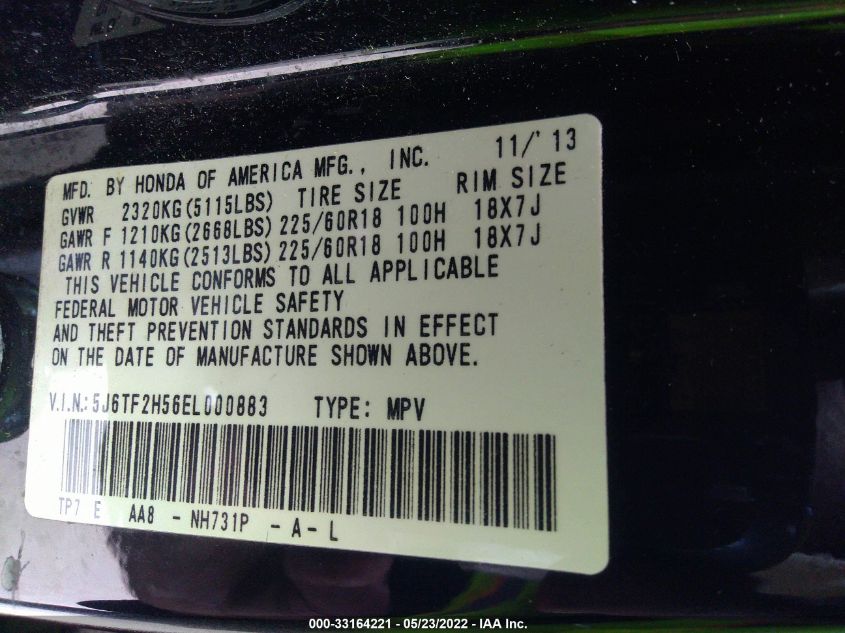 2014 HONDA CROSSTOUR EX-L 5J6TF2H56EL000883