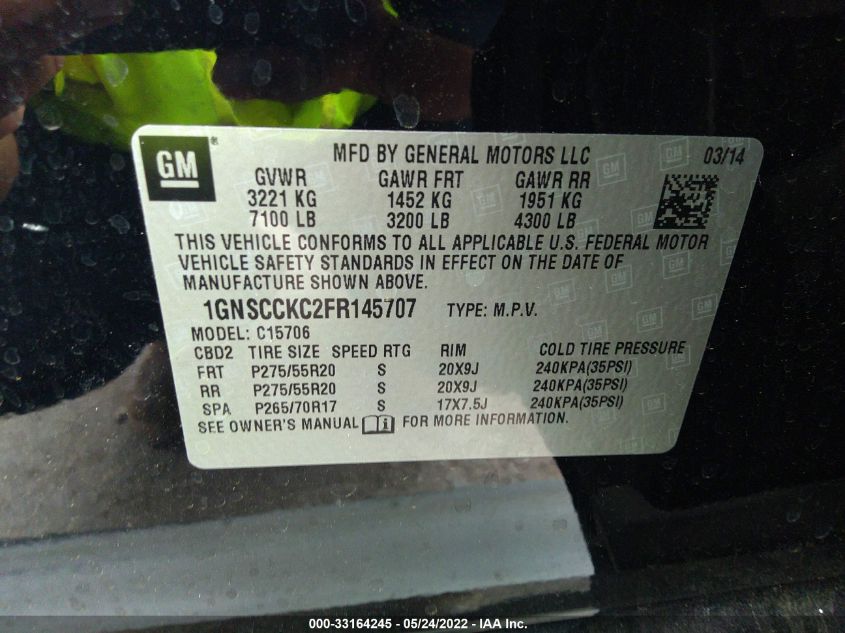 2015 CHEVROLET TAHOE LTZ 1GNSCCKC2FR145707