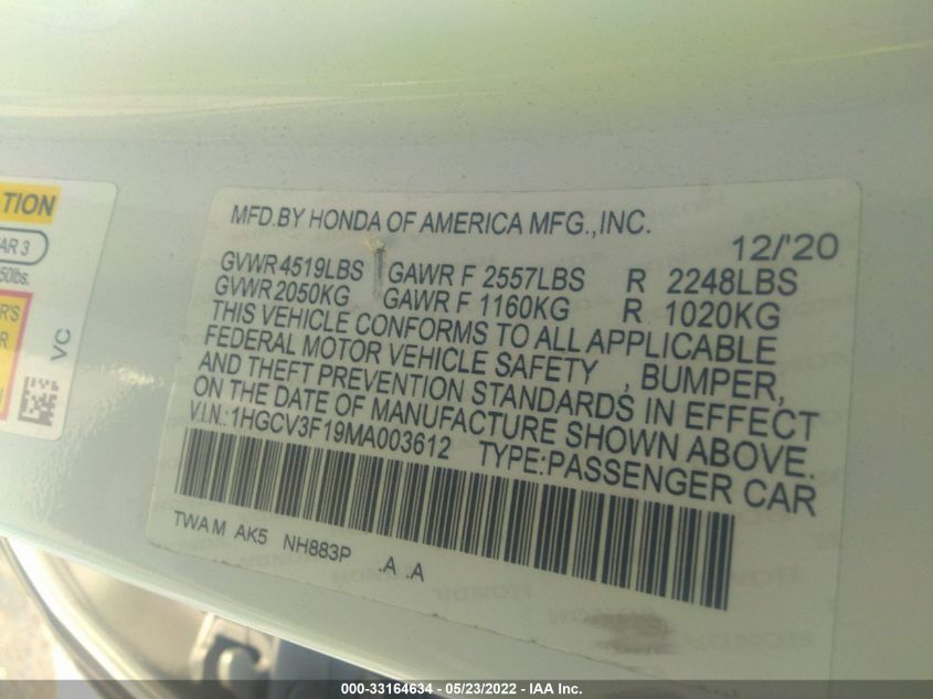 2021 HONDA ACCORD HYBRID 1HGCV3F19MA003612