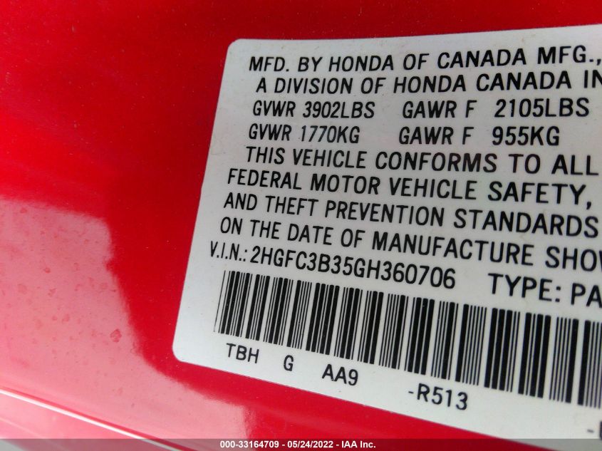 2016 HONDA CIVIC COUPE EX-T 2HGFC3B35GH360706