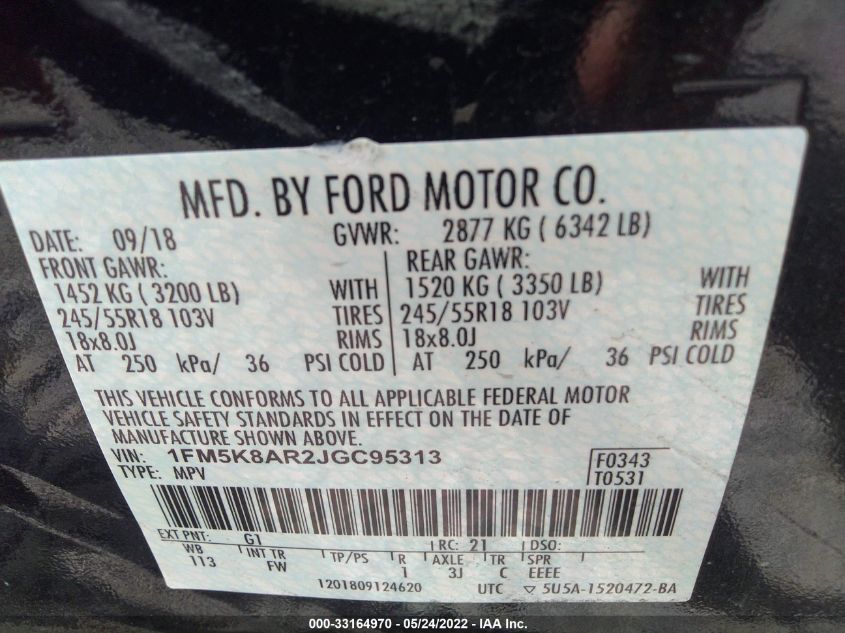 2018 FORD POLICE INTERCEPTOR 1FM5K8AR2JGC95313