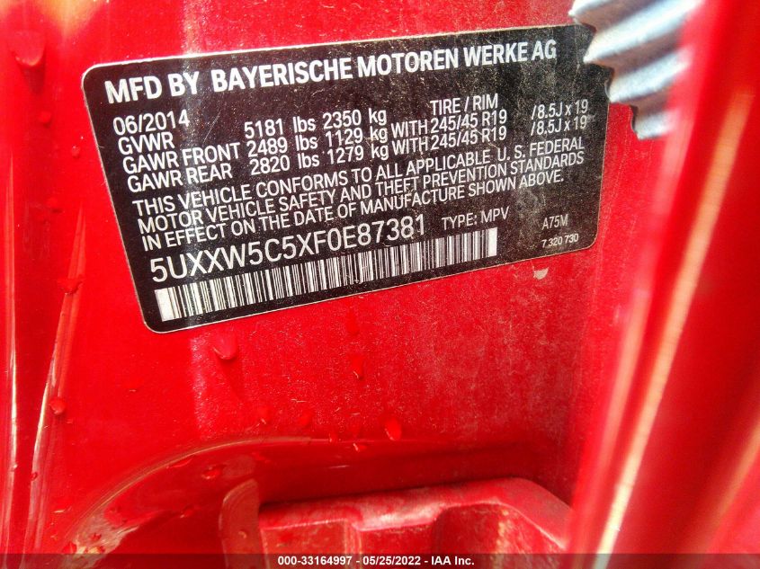 2015 BMW X4 XDRIVE35I 5UXXW5C5XF0E87381