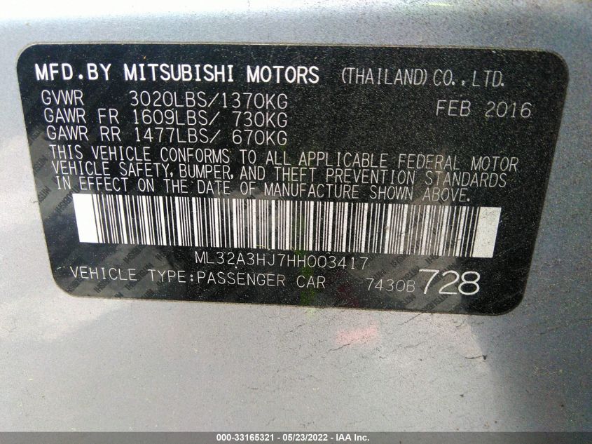 2017 MITSUBISHI MIRAGE ES ML32A3HJ7HH003417