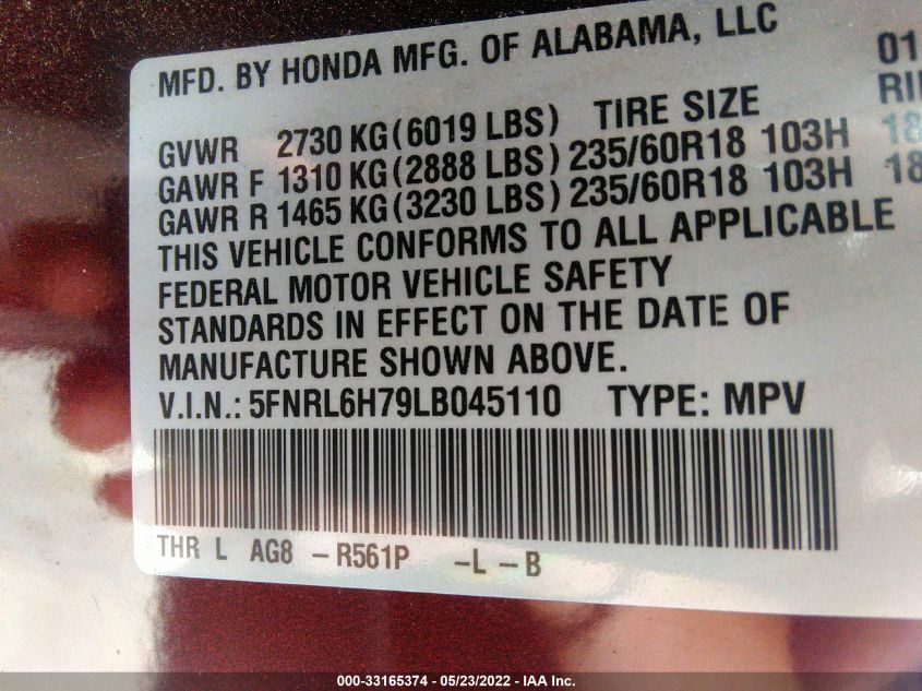 2020 HONDA ODYSSEY EX-L 5FNRL6H79LB045110