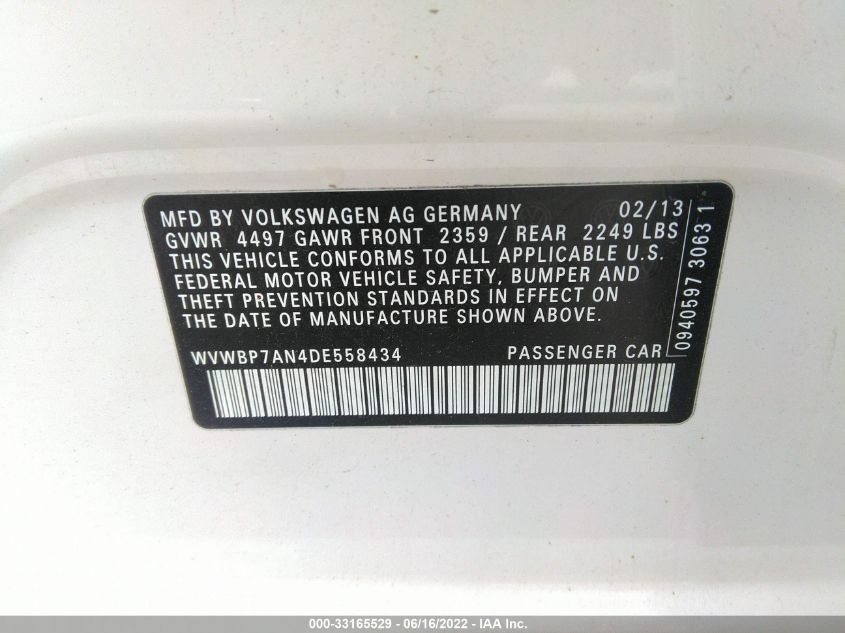 2013 VOLKSWAGEN CC SPORT WVWBP7AN4DE558434