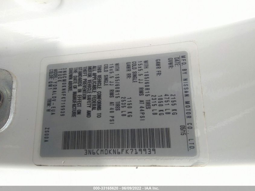 2015 NISSAN NV200 S/SV 3N6CM0KN6FK719939