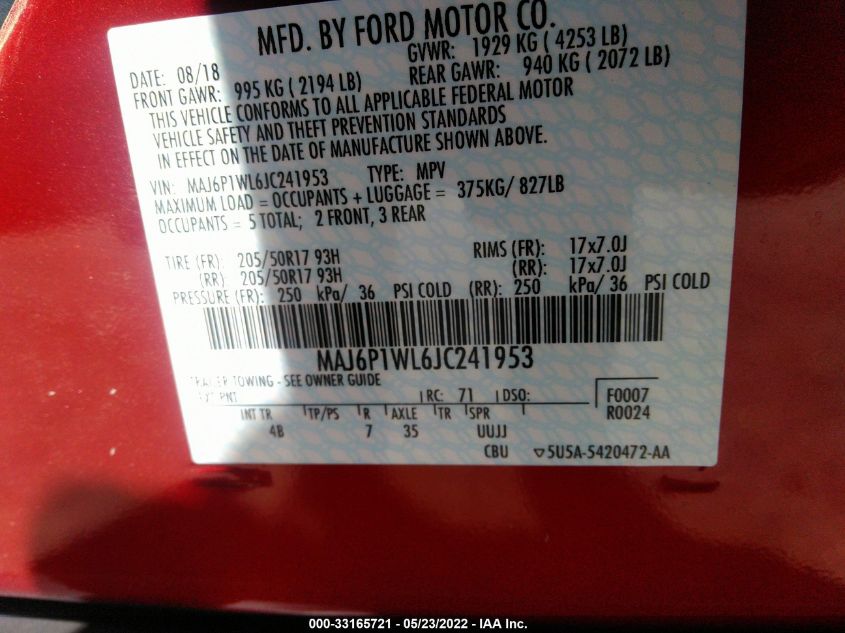 2018 FORD ECOSPORT TITANIUM MAJ6P1WL6JC241953