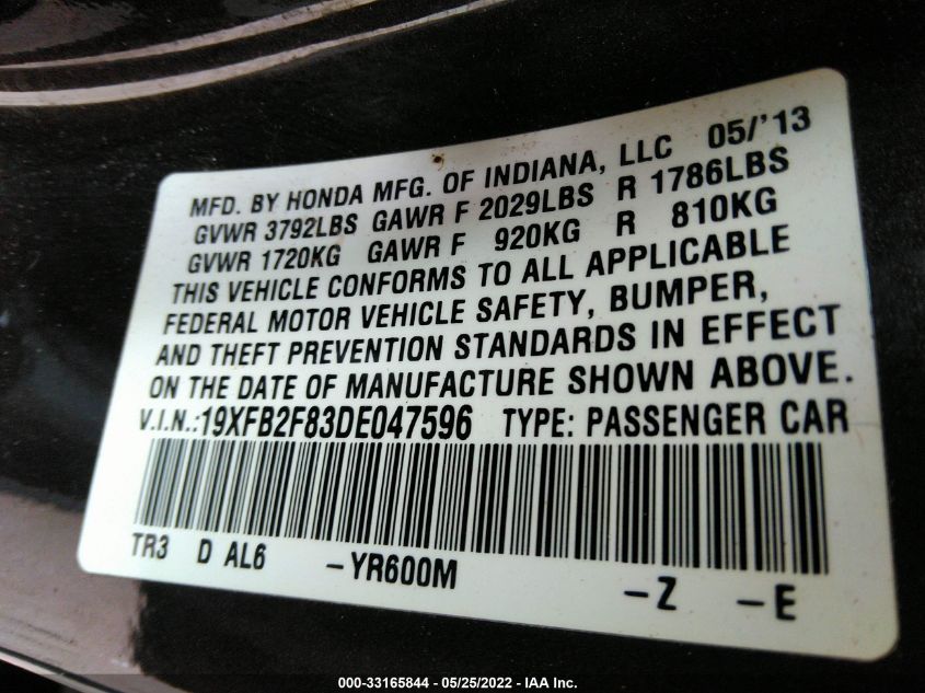 2013 HONDA CIVIC SDN EX 19XFB2F83DE047596