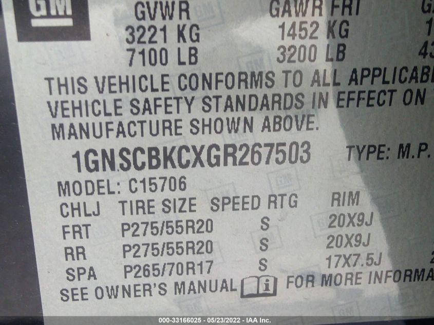 2016 CHEVROLET TAHOE LT 1GNSCBKCXGR267503