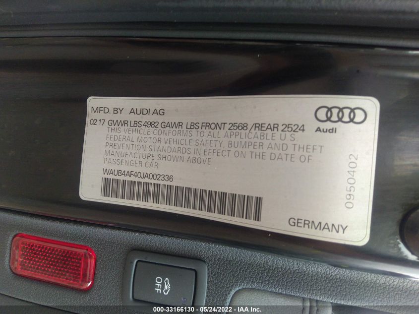 2018 AUDI S4 PREMIUM PLUS WAUB4AF40JA002336