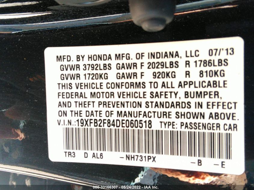 2013 HONDA CIVIC SDN EX 19XFB2F84DE060518