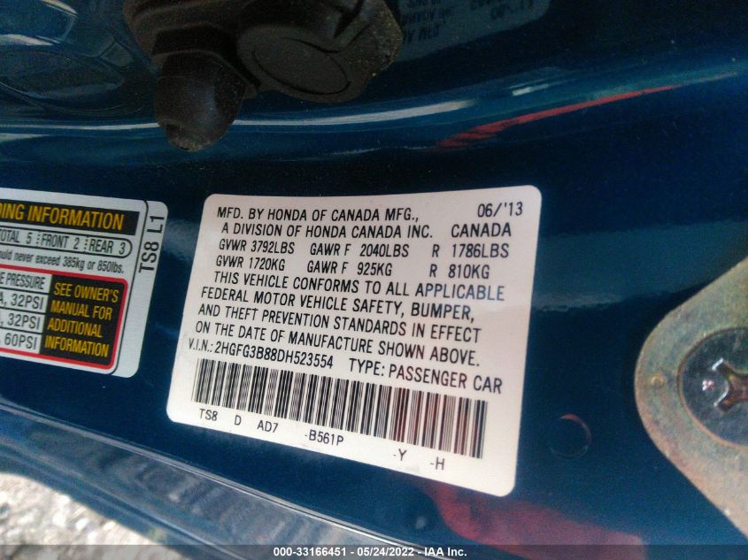 2013 HONDA CIVIC CPE EX 2HGFG3B88DH523554