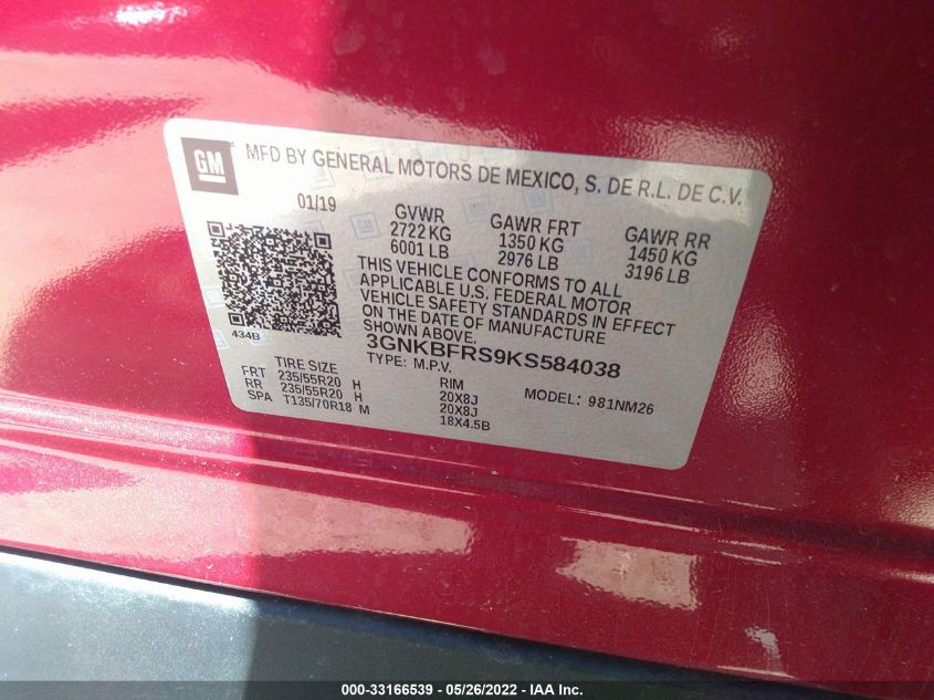 2019 CHEVROLET BLAZER PREMIER 3GNKBFRS9KS584038