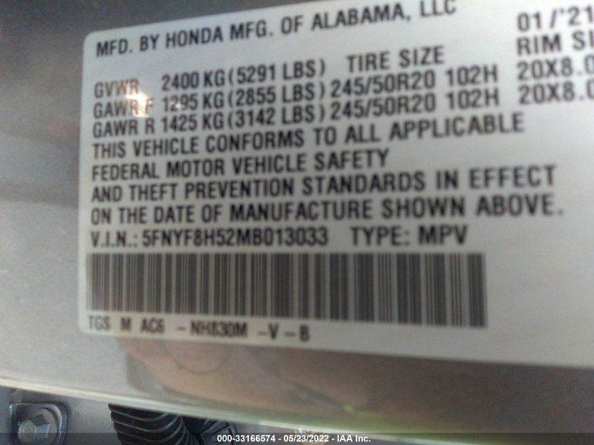 2021 HONDA PASSPORT EX-L 5FNYF8H52MB013033