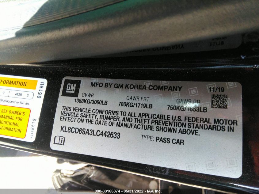 2020 CHEVROLET SPARK LT KL8CD6SA3LC442633
